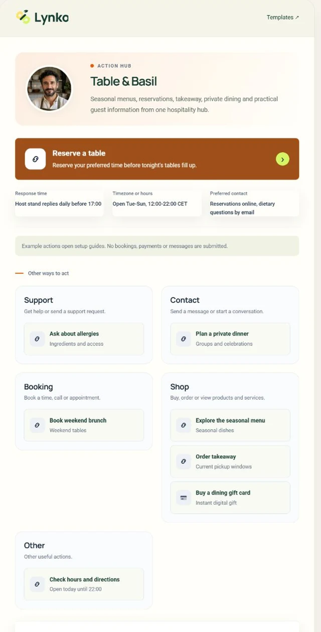 Hub de contacto para restaurante &mdash; Vista previa del dise&ntilde;o